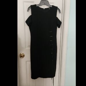 Guess Black Cold Shoulder Midi Dress with Lace-Up Detail